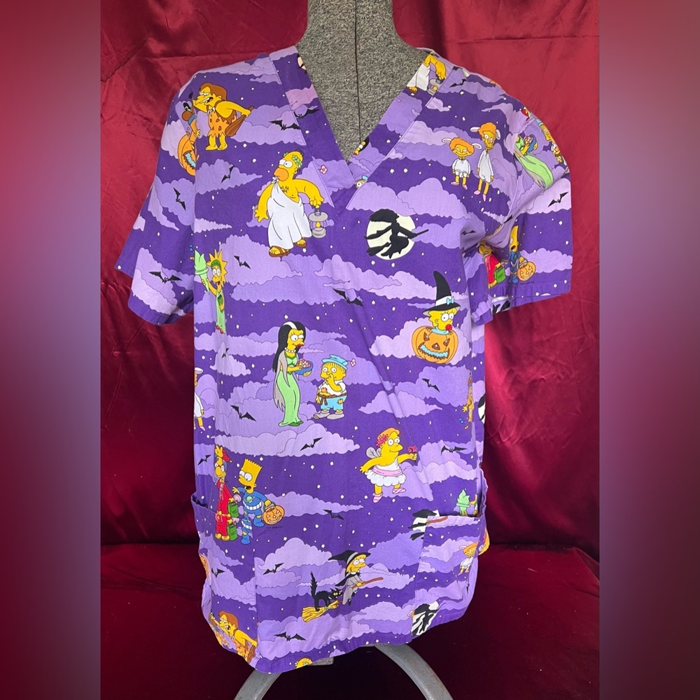 Purple Halloween Simpsons Cartoon Print Scrub Top